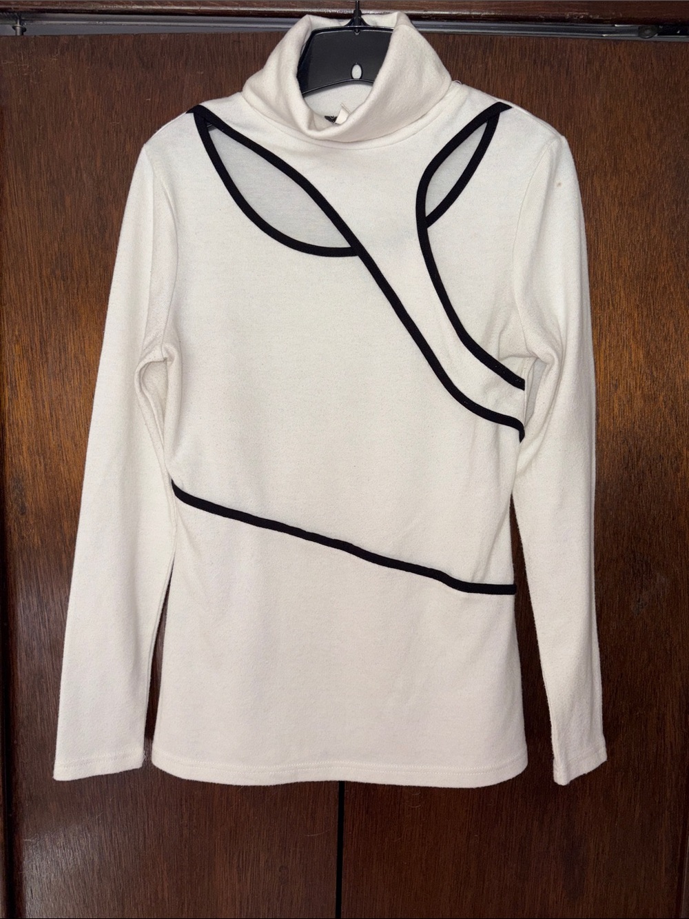 Turtleneck Long Sleeve Top with Black Piping - White